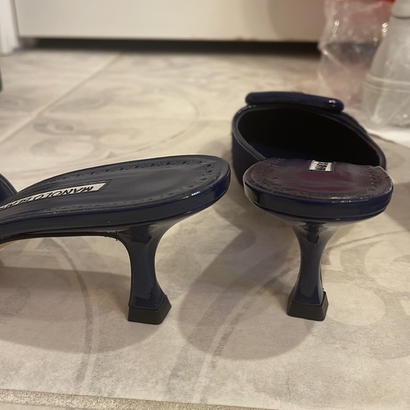 Navy blue kitten heel tweed and patent leather mules manolo blanik nwt - Picture 4 of 4